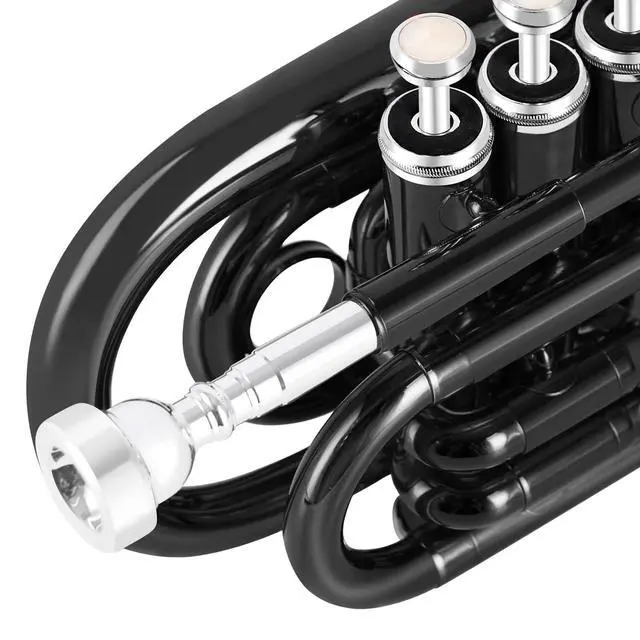 Alt view image 5 of 7 - Pocket Trumpet Brass Bb Trumpet with 7C Mouthpiece, Hard Case, Strap, Gloves, Cleaning Kit for Students and Beginners(Black)