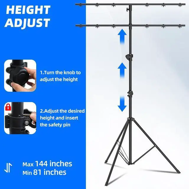 Alt view image 5 of 7 - Tall DJ Lights Stand with 2 T Bar, Heavy Duty DJ Stand for 8 Lights, Portable Par Can Stage Light Stand Adjustable Height 81-144 Inch, 12 ft