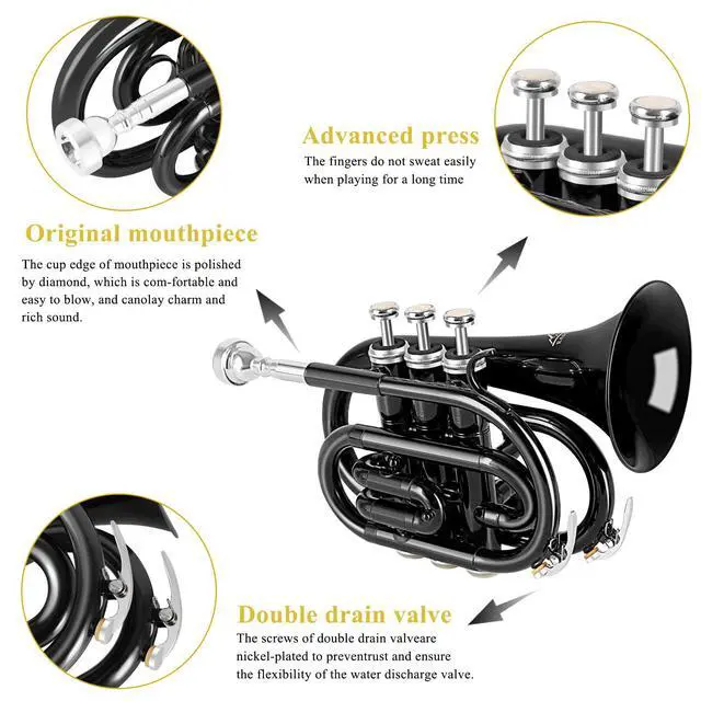 Alt view image 2 of 7 - Pocket Trumpet Brass Bb Trumpet with 7C Mouthpiece, Hard Case, Strap, Gloves, Cleaning Kit for Students and Beginners(Black)