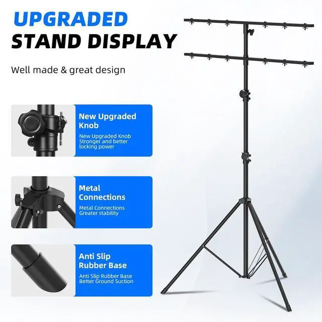 Alt view image 4 of 7 - Tall DJ Lights Stand with 2 T Bar, Heavy Duty DJ Stand for 8 Lights, Portable Par Can Stage Light Stand Adjustable Height 81-144 Inch, 12 ft