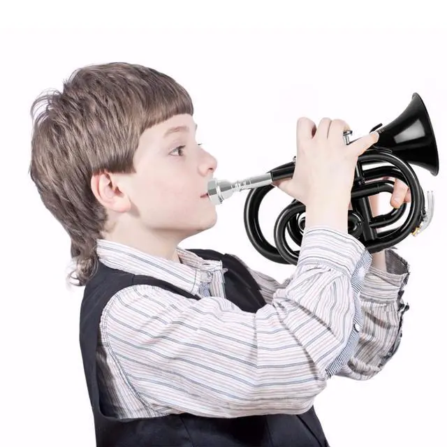 Alt view image 7 of 7 - Pocket Trumpet Brass Bb Trumpet with 7C Mouthpiece, Hard Case, Strap, Gloves, Cleaning Kit for Students and Beginners(Black)