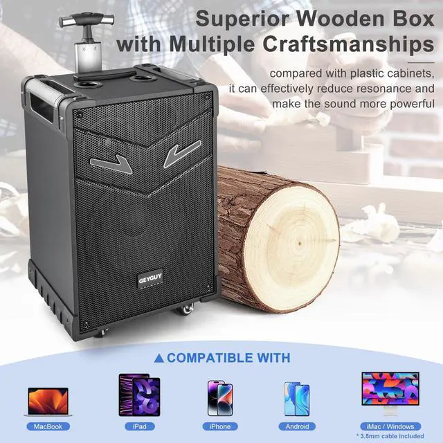 Alt view image 7 of 7 - GTSK10-3 3-Way Portable Bluetooth PA Speaker System w/Wireless Mics 10" Karaoke Speaker with Subwoofer, FM Radio, TWS, Rolling Wheels & Rechargeable Battery for Parties, Events, Game Day & Outdoors