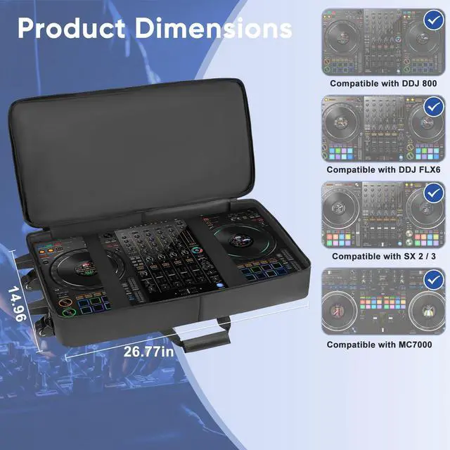 Alt view image 4 of 7 - DJ Controller Case Soft Padded with Wheels, Backpack Strap / Shoulder Strap | Compatible with DDJ 800 / FLX6 / SX2 SX3 / MC7000 / Mixon 8 Pro, Soft Thick Padded, Multi-pocket for DJ Accessories