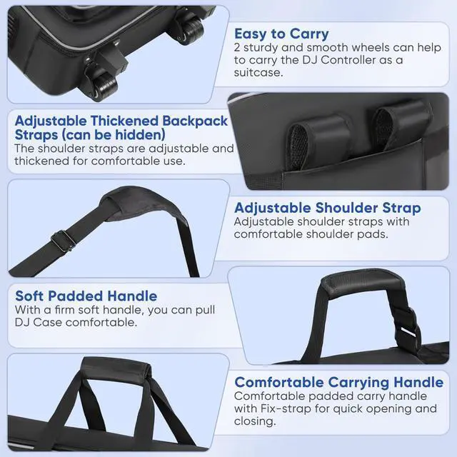 Alt view image 5 of 7 - DJ Controller Case Soft Padded with Wheels, Backpack Strap / Shoulder Strap | Compatible with DDJ 800 / FLX6 / SX2 SX3 / MC7000 / Mixon 8 Pro, Soft Thick Padded, Multi-pocket for DJ Accessories
