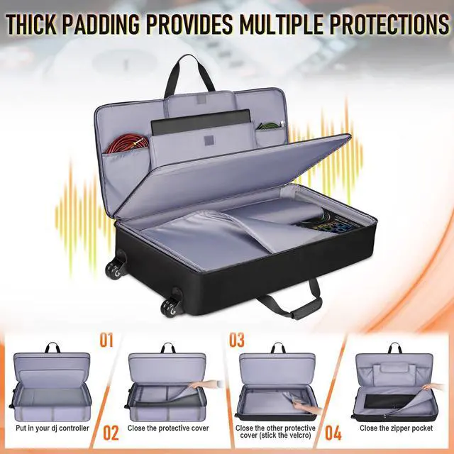 Alt view image 3 of 7 - DJ Controller Case with Wheels Compatible with DDJ-FLX10/GRV6/ 1000 | Padded Large DJ Controller Bag Fits DDJ REV7/REV5/FLX6/1000, Gig Bag with Multi-Pocket and Adjustable Shoulder Strap