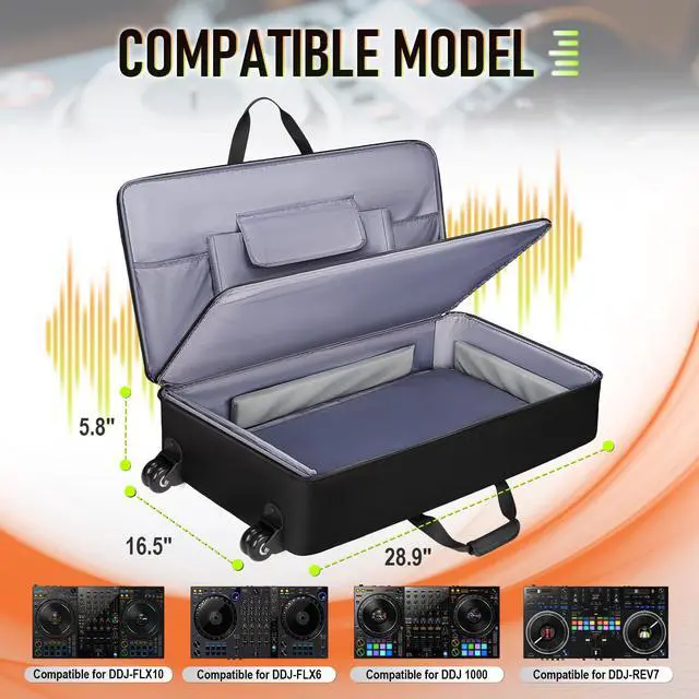 Alt view image 2 of 7 - DJ Controller Case with Wheels Compatible with DDJ-FLX10/GRV6/ 1000 | Padded Large DJ Controller Bag Fits DDJ REV7/REV5/FLX6/1000, Gig Bag with Multi-Pocket and Adjustable Shoulder Strap