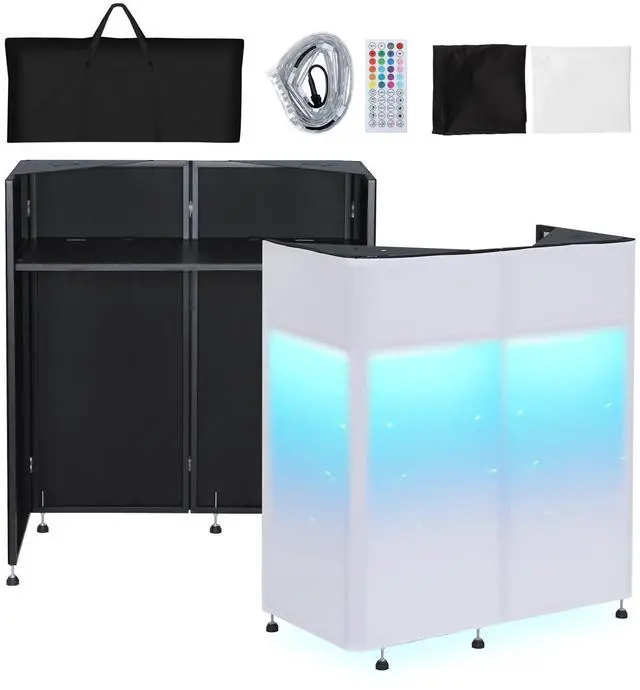 Main image of Portable DJ Booth 20"x42.5"x45.3" with Dual Top Corners, DJ Facade Booth with Cable Hole, DJ Table Stand with Light Strip and Remote Control, Metal Frame + Black & White Scrims + Carry Bag