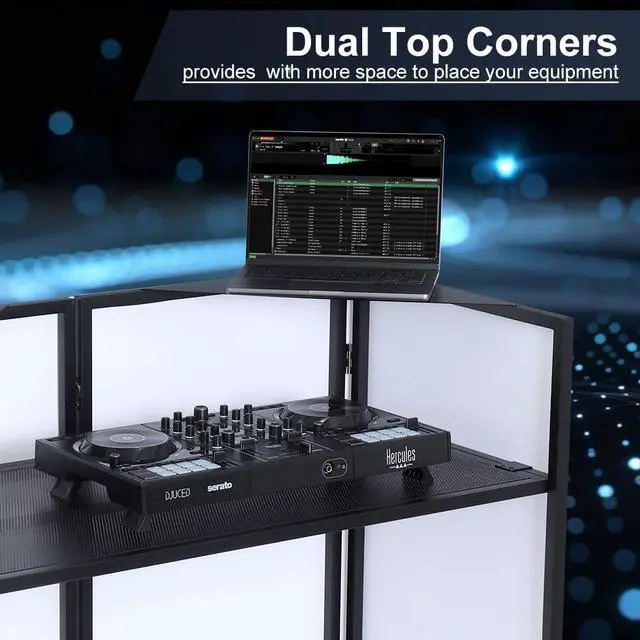 Alt view image 2 of 7 - Portable DJ Booth 20"x42.5"x45.3" with Dual Top Corners, DJ Facade Booth with Cable Hole, DJ Table Stand with Light Strip and Remote Control, Metal Frame + Black & White Scrims + Carry Bag