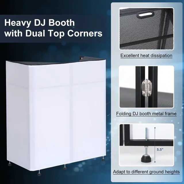 Alt view image 3 of 7 - Portable DJ Booth 20"x42.5"x45.3" with Dual Top Corners, DJ Facade Booth with Cable Hole, DJ Table Stand with Light Strip and Remote Control, Metal Frame + Black & White Scrims + Carry Bag