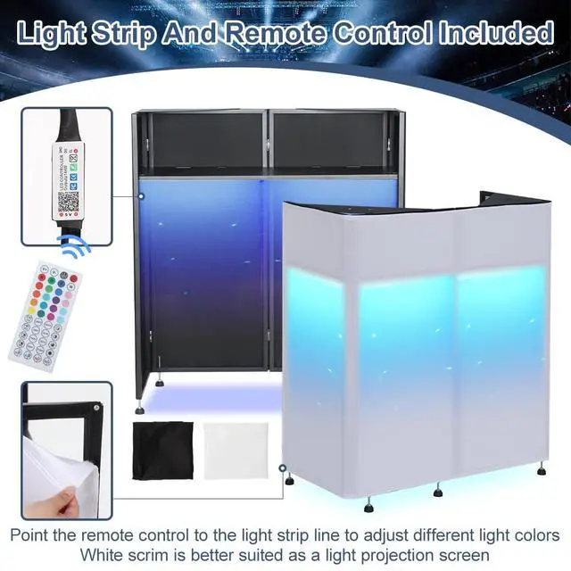 Alt view image 4 of 7 - Portable DJ Booth 20"x42.5"x45.3" with Dual Top Corners, DJ Facade Booth with Cable Hole, DJ Table Stand with Light Strip and Remote Control, Metal Frame + Black & White Scrims + Carry Bag