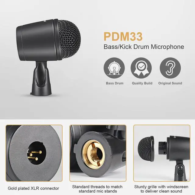 Alt view image 2 of 6 - Drum Microphone Kit, 7-Piece Full Metal Wired Dynamic Mic Set for Bass/Tom/Snare/Hi-hat Cymbals, with Carrying Case, Holders, and Threaded Clips (PTD-10)
