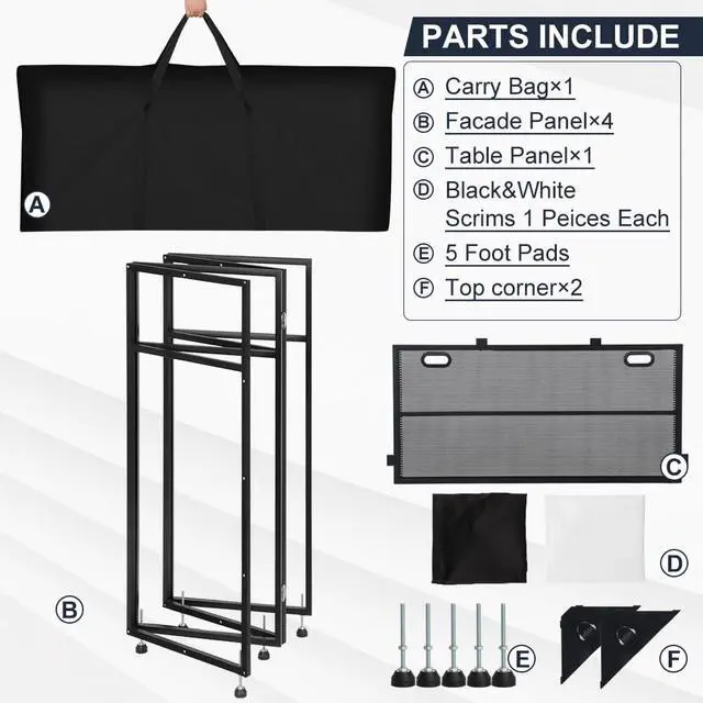 Alt view image 7 of 7 - Portable DJ Booth 20"x42.5"x45.3" with Dual Top Corners, DJ Facade Booth with Cable Hole, DJ Table Stand with Light Strip and Remote Control, Metal Frame + Black & White Scrims + Carry Bag
