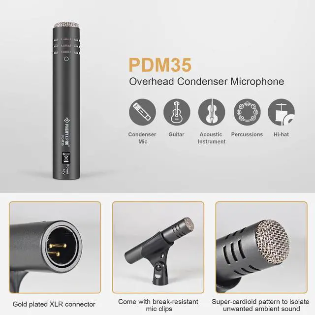 Alt view image 4 of 6 - Drum Microphone Kit, 7-Piece Full Metal Wired Dynamic Mic Set for Bass/Tom/Snare/Hi-hat Cymbals, with Carrying Case, Holders, and Threaded Clips (PTD-10)