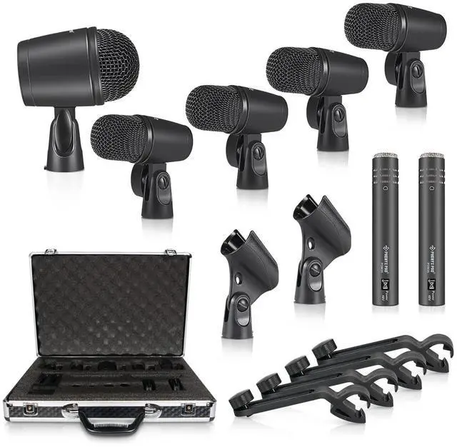 Main image of Drum Microphone Kit, 7-Piece Full Metal Wired Dynamic Mic Set for Bass/Tom/Snare/Hi-hat Cymbals, with Carrying Case, Holders, and Threaded Clips (PTD-10)