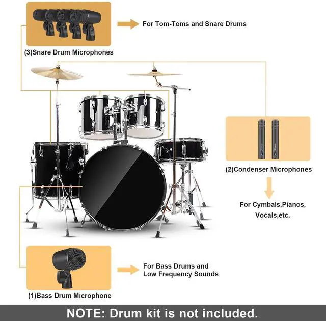 Alt view image 5 of 6 - Drum Microphone Kit, 7-Piece Full Metal Wired Dynamic Mic Set for Bass/Tom/Snare/Hi-hat Cymbals, with Carrying Case, Holders, and Threaded Clips (PTD-10)