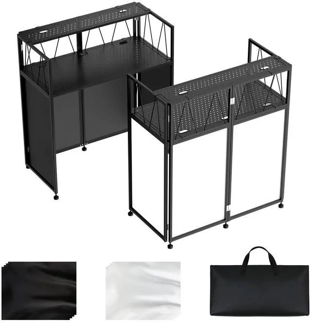 Main image of Portable DJ Table Stand, Tool-Free Setup Foldable 40" x 20" DJ Stand Booth w/ 2 Top Trays, Black & White Scrims, 4IN Adjustable Leveling Feet, 5 Cable Holes and Carry Bag, for Parties, Events, Studios