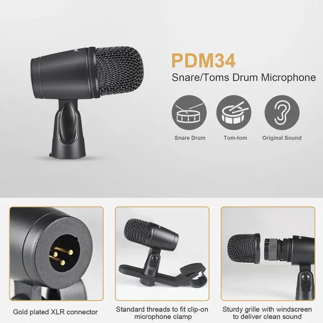 Alt view image 3 of 6 - Drum Microphone Kit, 7-Piece Full Metal Wired Dynamic Mic Set for Bass/Tom/Snare/Hi-hat Cymbals, with Carrying Case, Holders, and Threaded Clips (PTD-10)