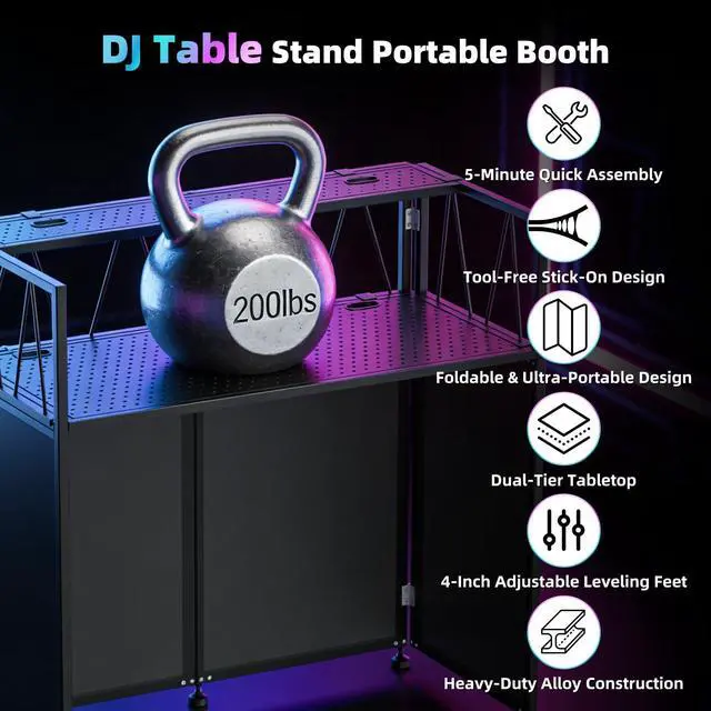 Alt view image 2 of 7 - Portable DJ Table Stand, Tool-Free Setup Foldable 40" x 20" DJ Stand Booth w/ 2 Top Trays, Black & White Scrims, 4IN Adjustable Leveling Feet, 5 Cable Holes and Carry Bag, for Parties, Events, Studios