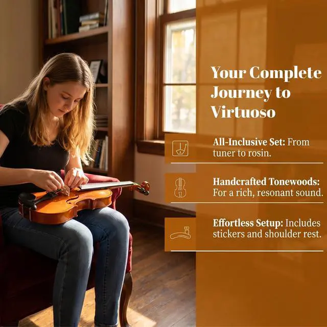 Alt view image 5 of 7 - Size 1/2 beginner first violin Set for Kids, Solid Wood Acoustic Fiddle Kit with Hard Case, Bow, Rosin, Shoulder Rest, Tuner and Extra Strings