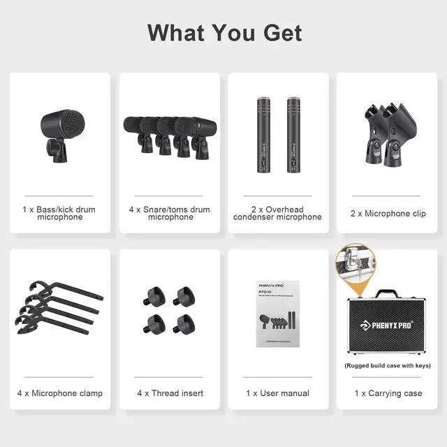 Alt view image 6 of 6 - Drum Microphone Kit, 7-Piece Full Metal Wired Dynamic Mic Set for Bass/Tom/Snare/Hi-hat Cymbals, with Carrying Case, Holders, and Threaded Clips (PTD-10)