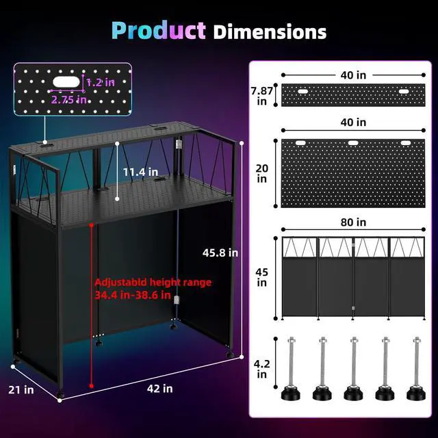 Alt view image 3 of 7 - Portable DJ Table Stand, Tool-Free Setup Foldable 40" x 20" DJ Stand Booth w/ 2 Top Trays, Black & White Scrims, 4IN Adjustable Leveling Feet, 5 Cable Holes and Carry Bag, for Parties, Events, Studios