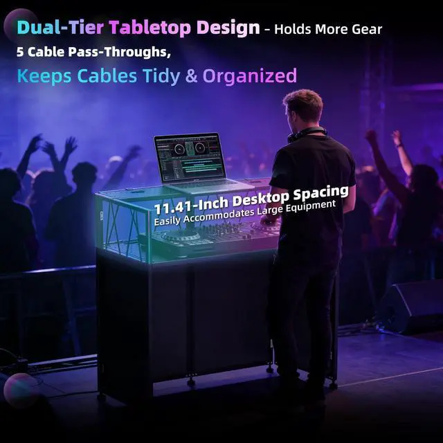 Alt view image 7 of 7 - Portable DJ Table Stand, Tool-Free Setup Foldable 40" x 20" DJ Stand Booth w/ 2 Top Trays, Black & White Scrims, 4IN Adjustable Leveling Feet, 5 Cable Holes and Carry Bag, for Parties, Events, Studios