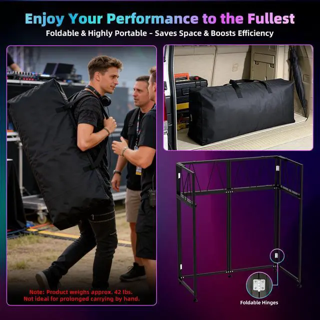 Alt view image 5 of 7 - Portable DJ Table Stand, Tool-Free Setup Foldable 40" x 20" DJ Stand Booth w/ 2 Top Trays, Black & White Scrims, 4IN Adjustable Leveling Feet, 5 Cable Holes and Carry Bag, for Parties, Events, Studios
