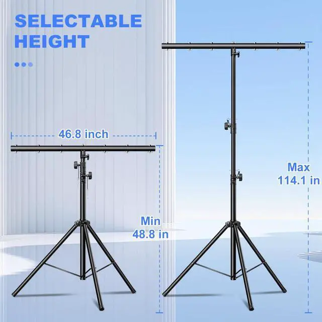 Alt view image 4 of 7 - DJ Lights Stand with Round T Bar, Heavy Duty Par Can Tripod for 7 Lights Stage Light Stand Adjustable Height 48.8-114.1 Inch, DJ Lighting Suitable for Stages, Bar, Banquet, Party