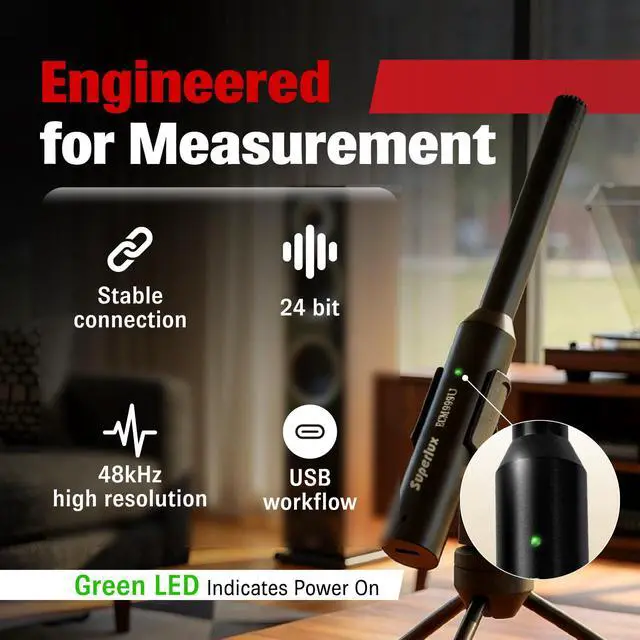Alt view image 3 of 7 - ECM999U USB Measurement Microphone Set, Omni Free-Field Condenser Mic for Room Acoustic Analysis, Speaker Testing, Measurement & Recording, USB-C Plug-and-Play, 24-Bit/48kHz, Win/Mac