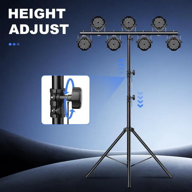 Alt view image 2 of 7 - DJ Lights Stand with Round T Bar, Heavy Duty Par Can Tripod for 7 Lights Stage Light Stand Adjustable Height 48.8-114.1 Inch, DJ Lighting Suitable for Stages, Bar, Banquet, Party