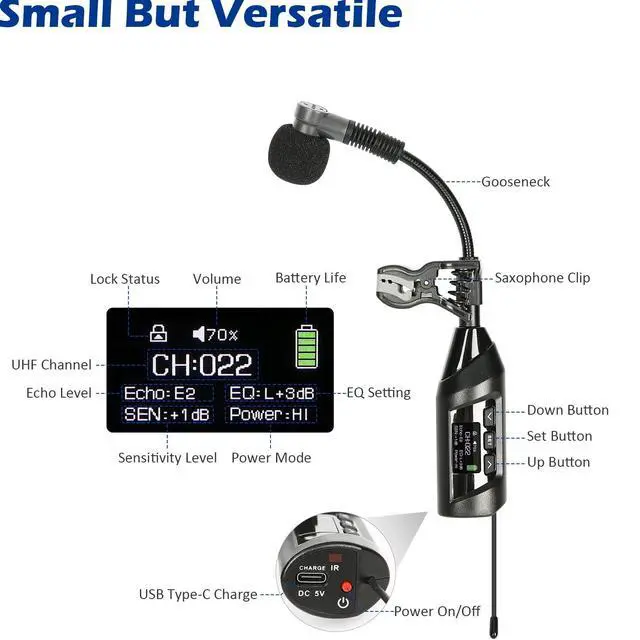 Alt view image 6 of 7 - TR15 Wireless Clip-On Saxophone Microphone System | For sax and trumpet, Preset EQ and echo, 196 ft range, Rechargeable, 4.5-hour runtime, Solo vocals and band performances