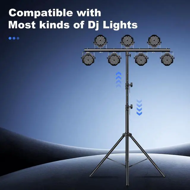 Alt view image 6 of 7 - DJ Lights Stand with Round T Bar, Heavy Duty Par Can Tripod for 7 Lights Stage Light Stand Adjustable Height 48.8-114.1 Inch, DJ Lighting Suitable for Stages, Bar, Banquet, Party