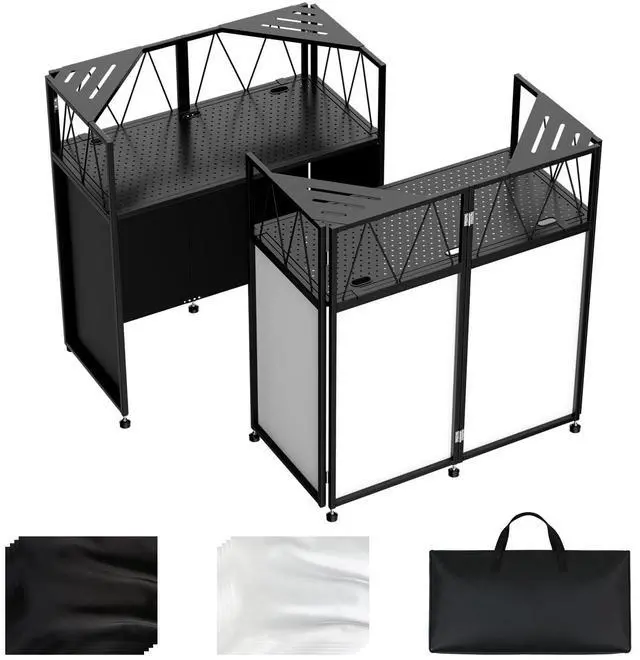 Main image of Portable DJ Booth Facade Stand, DJ Table Stand, DJ Facade Booth with White & Black Scrims, Includes Carry Bag & Two Top Corners Table, Tool-Free Setup, for Parties, Events, Studios (40"L x 20"W)