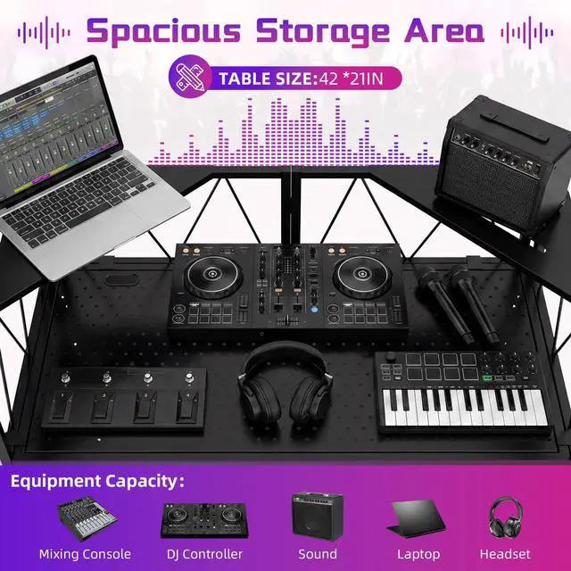 Alt view image 2 of 7 - Portable DJ Booth Facade Stand, DJ Table Stand, DJ Facade Booth with White & Black Scrims, Includes Carry Bag & Two Top Corners Table, Tool-Free Setup, for Parties, Events, Studios (40"L x 20"W)