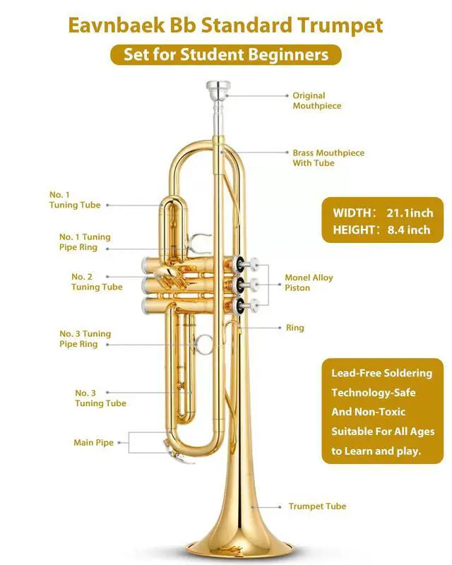 Alt view image 2 of 7 - Bb Standard Trumpet Instrument Brass Student Trompeta Trumpet Set | Protable Hard Case Cleaning Kit 7C Mouthpiece and Gloves, School Band Approved Practice Trumpet Kit For Student Beginners