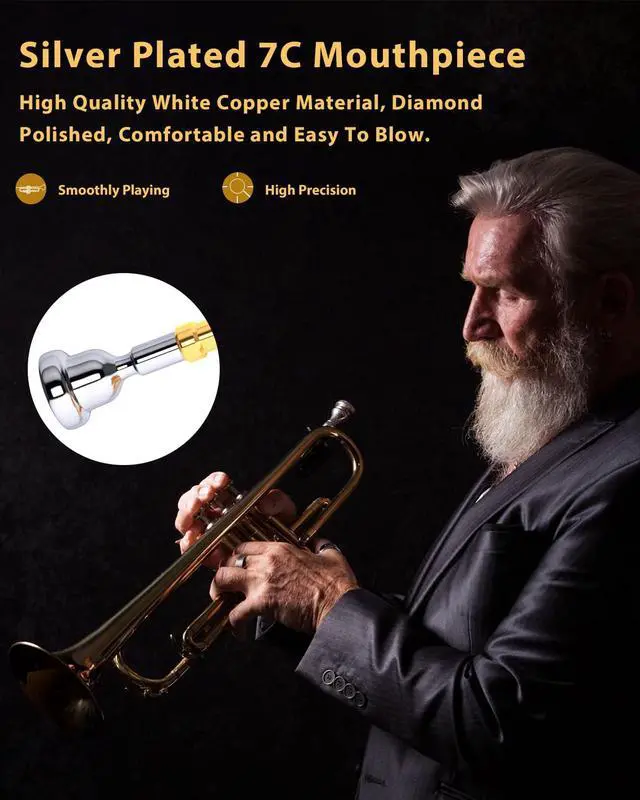 Alt view image 5 of 7 - Bb Standard Trumpet Instrument Brass Student Trompeta Trumpet Set | Protable Hard Case Cleaning Kit 7C Mouthpiece and Gloves, School Band Approved Practice Trumpet Kit For Student Beginners