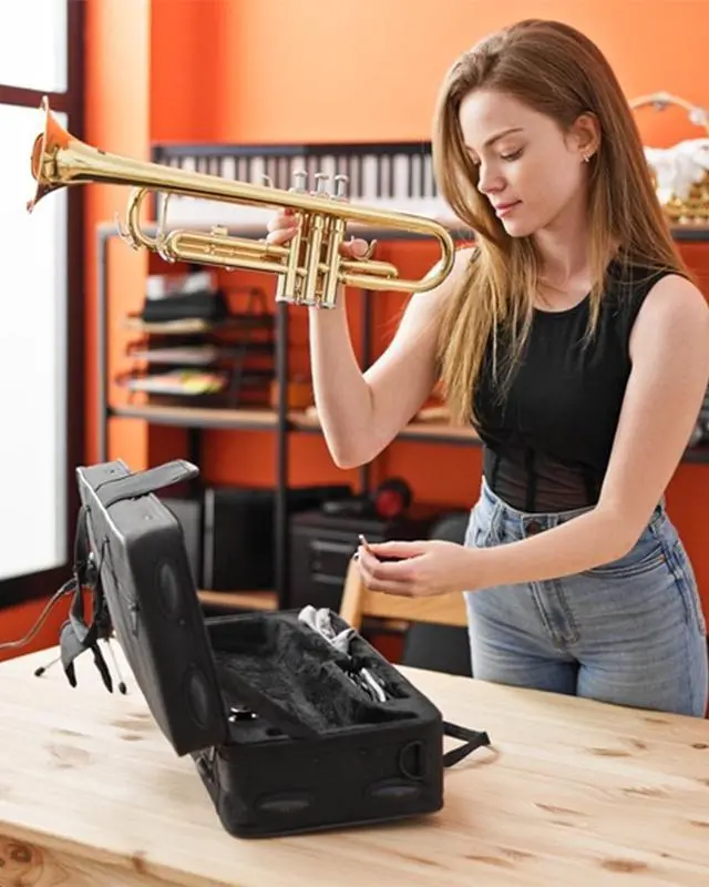 Alt view image 6 of 7 - Bb Standard Trumpet Instrument Brass Student Trompeta Trumpet Set | Protable Hard Case Cleaning Kit 7C Mouthpiece and Gloves, School Band Approved Practice Trumpet Kit For Student Beginners