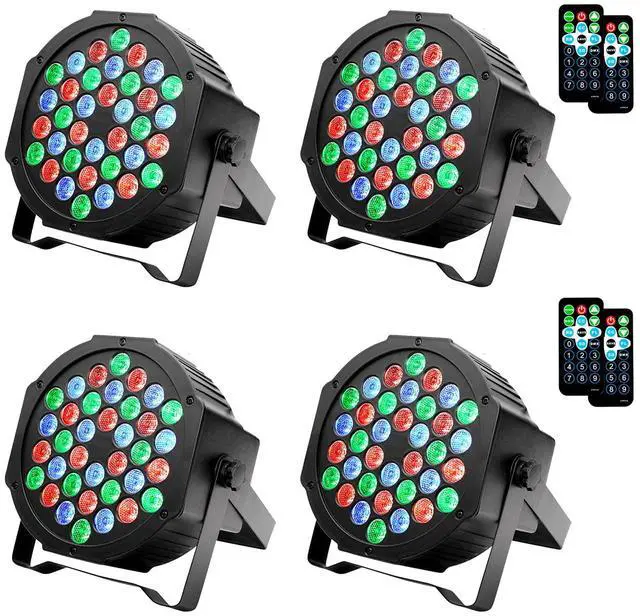 Main image of Dj Lights, 4 Pack 36 LED Par Lights Stage Lights with Sound Activated Remote Control & DMX Control, Stage Lighting Uplights for Wedding Club Music Show Christmas Holiday Party Lighting