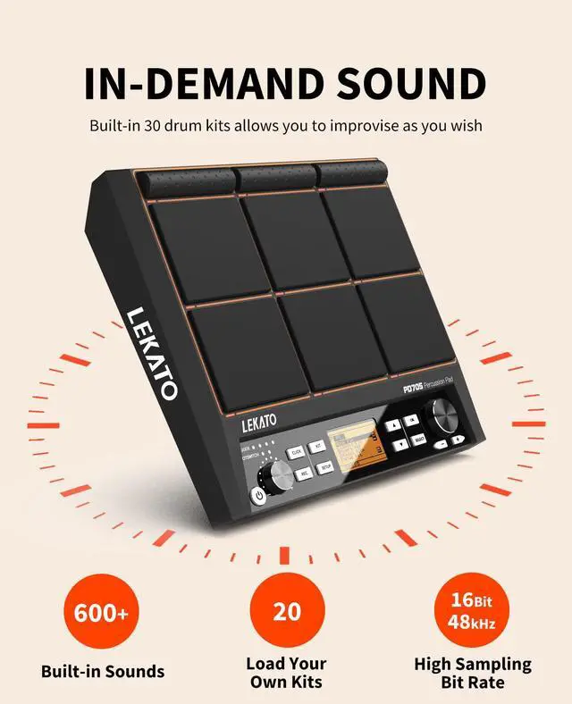 Alt view image 2 of 7 - Percussion Sample Pad, Electric Drum Pad with 9 Velocity-Sensitive Drum Pad, Electronic Drum Set Pad Multipad with MIDI out, USB MIDI, AUX, Looper, Trigger inputs, 592+ Sounds (PD705)