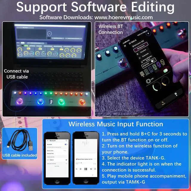 Alt view image 7 of 7 - TANK-G Multi-effects Guitar Pedal, 36 Presets, Rechargeable Battery, Delay, Reverb, Modulation, Preamp, Darkgreen