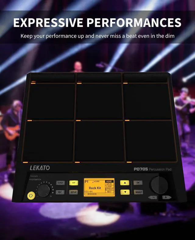 Alt view image 6 of 7 - Percussion Sample Pad, Electric Drum Pad with 9 Velocity-Sensitive Drum Pad, Electronic Drum Set Pad Multipad with MIDI out, USB MIDI, AUX, Looper, Trigger inputs, 592+ Sounds (PD705)