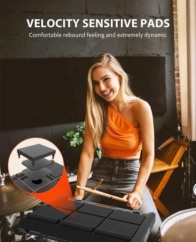 Alt view image 5 of 7 - Percussion Sample Pad, Electric Drum Pad with 9 Velocity-Sensitive Drum Pad, Electronic Drum Set Pad Multipad with MIDI out, USB MIDI, AUX, Looper, Trigger inputs, 592+ Sounds (PD705)