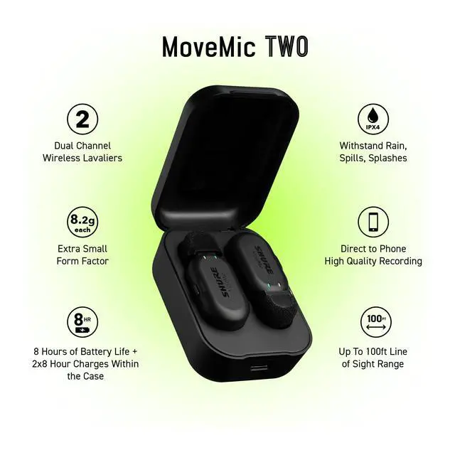 Alt view image 5 of 7 - MoveMic Two - Pro Direct to Phone Wireless Lavalier Microphones for iPhone & Android, 2 Bluetooth Mini Mics, 24 Hours Charge, Quick Set Up, IPX4, Compact & Portable Clip Lavs (MV-Two-Z7)