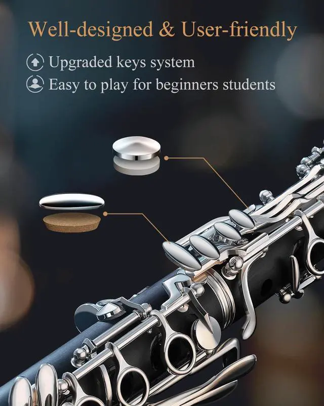 Alt view image 2 of 7 - B Flat Clarinet for Intermediate Beginners, Upgraded Ebonite Bb Clarinet Silver-plated with 2 Barrels, 4C Mouthpiece, Hard Case, Cleaning Kit, ECL-400
