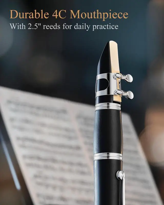Alt view image 7 of 7 - B Flat Clarinet for Intermediate Beginners, Upgraded Ebonite Bb Clarinet Silver-plated with 2 Barrels, 4C Mouthpiece, Hard Case, Cleaning Kit, ECL-400