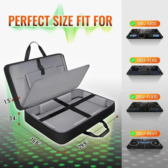 Alt view image 2 of 7 - DJ Controller Case for DDJ FLX10/GRV6/REV5 with Laptop Compartment | Padded Large DJ Controller Bag Fits DDJ REV7/REV5/FLX6/1000, Gig Bag with Multi-Pocket and Adjustable Shoulder Strap