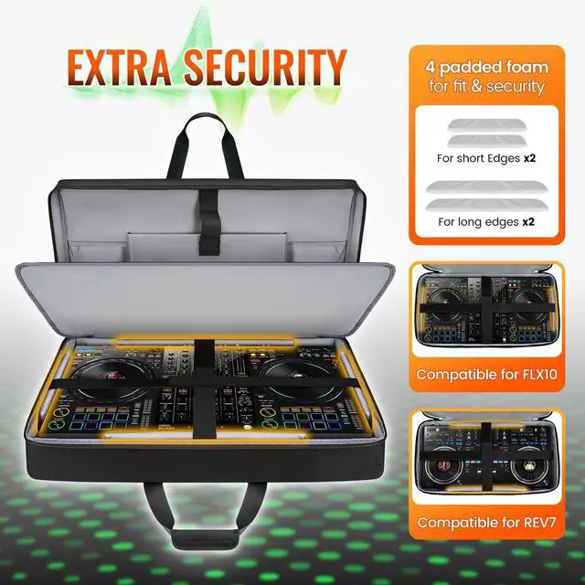 Alt view image 3 of 7 - DJ Controller Case for DDJ FLX10/GRV6/REV5 with Laptop Compartment | Padded Large DJ Controller Bag Fits DDJ REV7/REV5/FLX6/1000, Gig Bag with Multi-Pocket and Adjustable Shoulder Strap