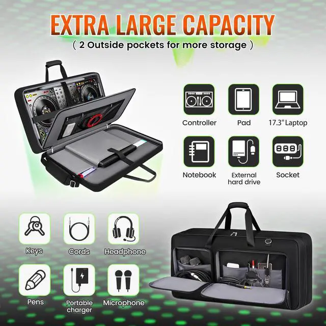 Alt view image 4 of 7 - DJ Controller Case for DDJ FLX10/GRV6/REV5 with Laptop Compartment | Padded Large DJ Controller Bag Fits DDJ REV7/REV5/FLX6/1000, Gig Bag with Multi-Pocket and Adjustable Shoulder Strap