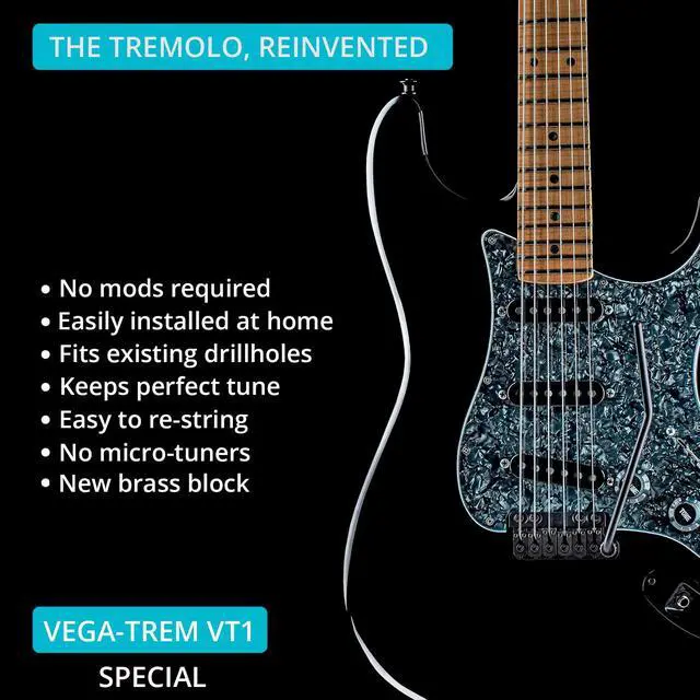 Alt view image 5 of 7 - VT1 Special Standard Tremolo Bridge for Strat-Style Guitars Drop-In 6-Screw No Mods Replacement, 2-Way Vibrato, Stable Tuning, Stainless Steel & Brass Block (Black)