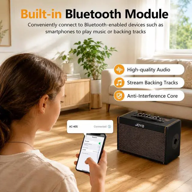 Alt view image 4 of 7 - 40W Acoustic Guitar Amp Portable Stereo Amplifier with Bluetooth and Battery Powered, Reverb/Delay/Chorus, Mic Input, USB-C Recording for Outdoor Busking & Live Performance (AC-40S)
